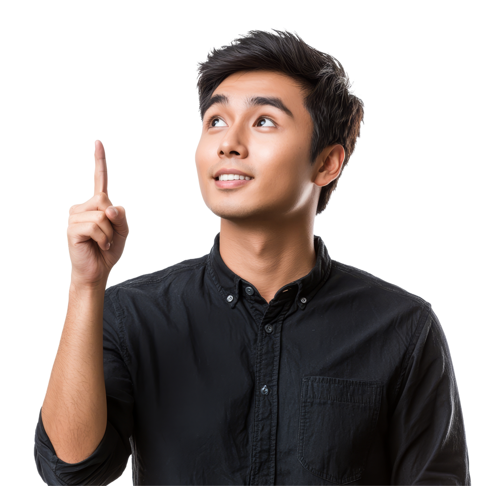 Young Asian man in a black shirt pointing up with enthusiasm in a bright setting, Attractive young smart Asian man pointing up with his finger transparent background png