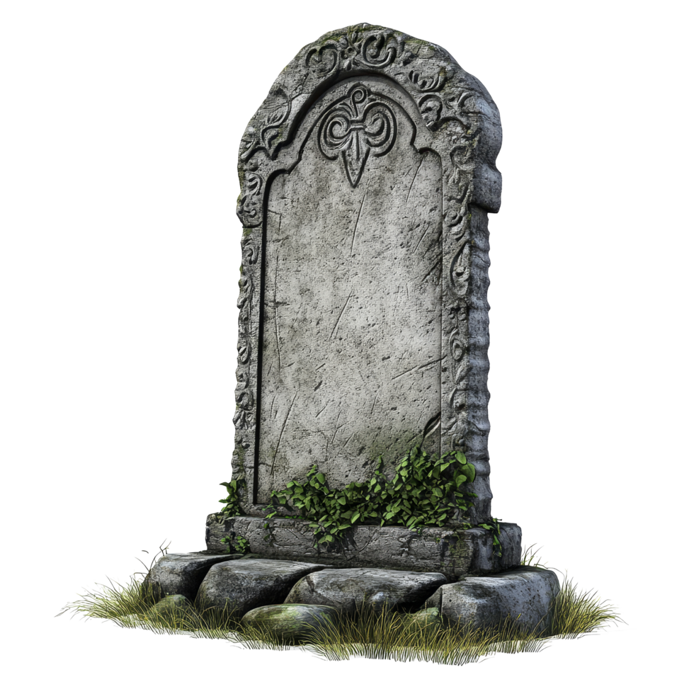 An intricately carved tombstone with ivy on a transparent background showcasing historical burial traditions, tombstone, file of isolated object on transparent background png