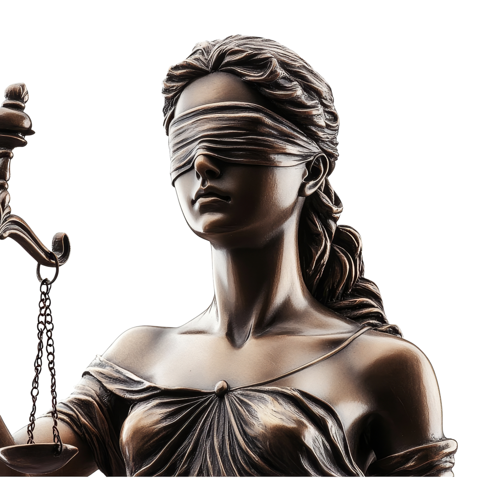 Lady of Justice in bronze sculpture, blindfolded, holding scales symbolizes fairness and equality in law, Lady of justice blindfolded on transparent background png