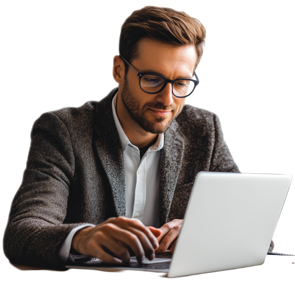 Businessman working diligently on a laptop, prioritizing tasks in a modern office environment during the daytime, file no background Businessman connecting with his laptop png