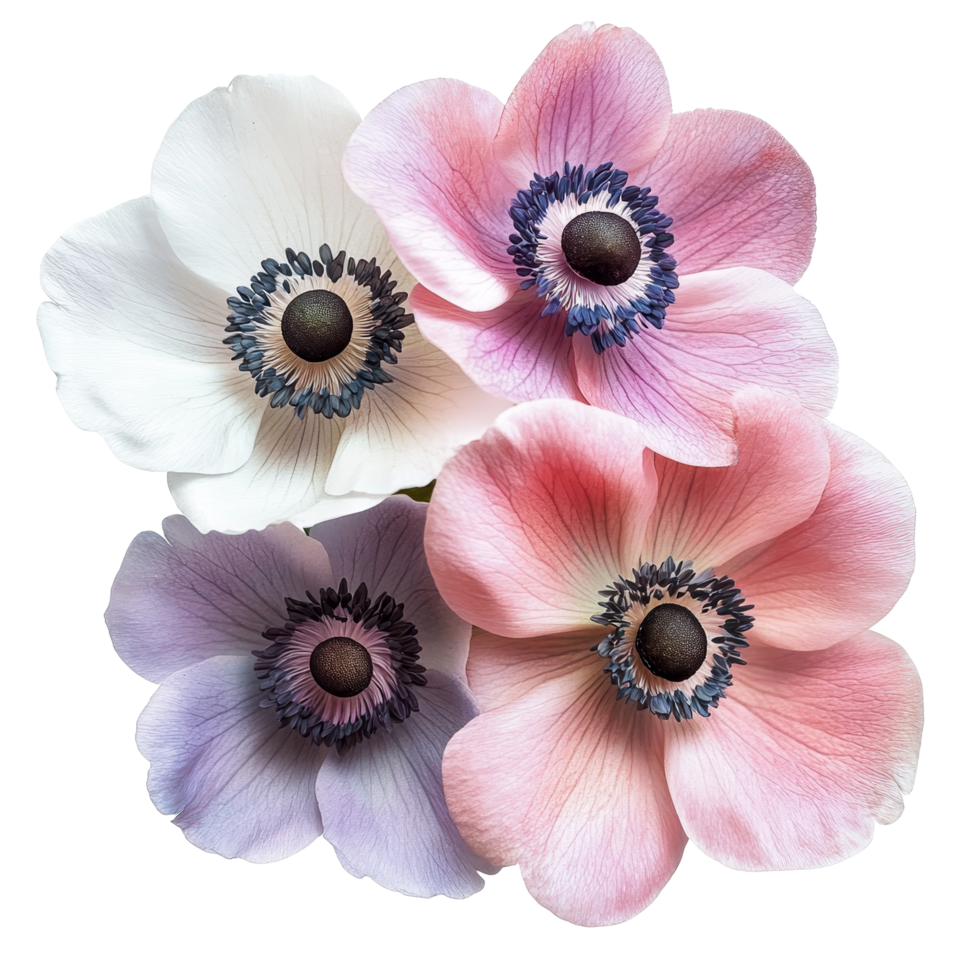 Beautiful anemone flowers showcasing vibrant colors isolated against a clean transparent background, of anemone flowers isolated against a transparent background png