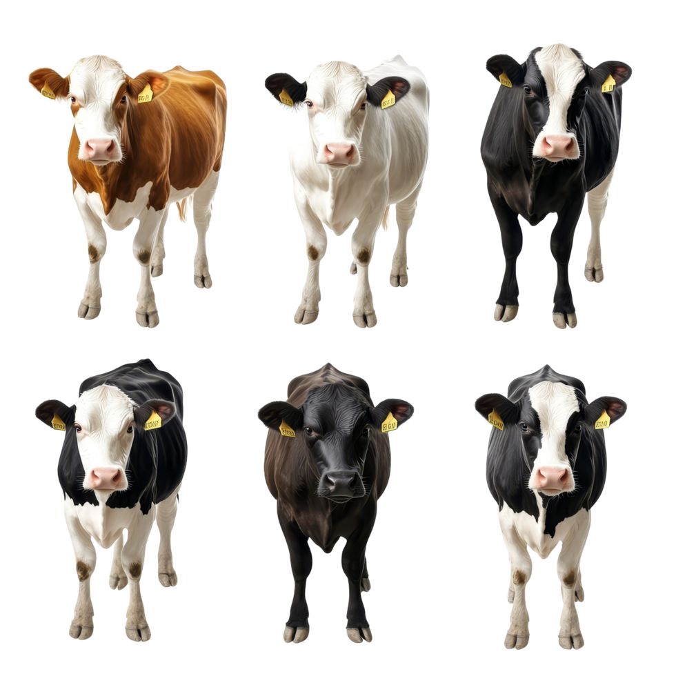 A diverse group of cows with various colors standing together in a studio setting on a transparent background, group of cows of different color isolated on transparent background, png