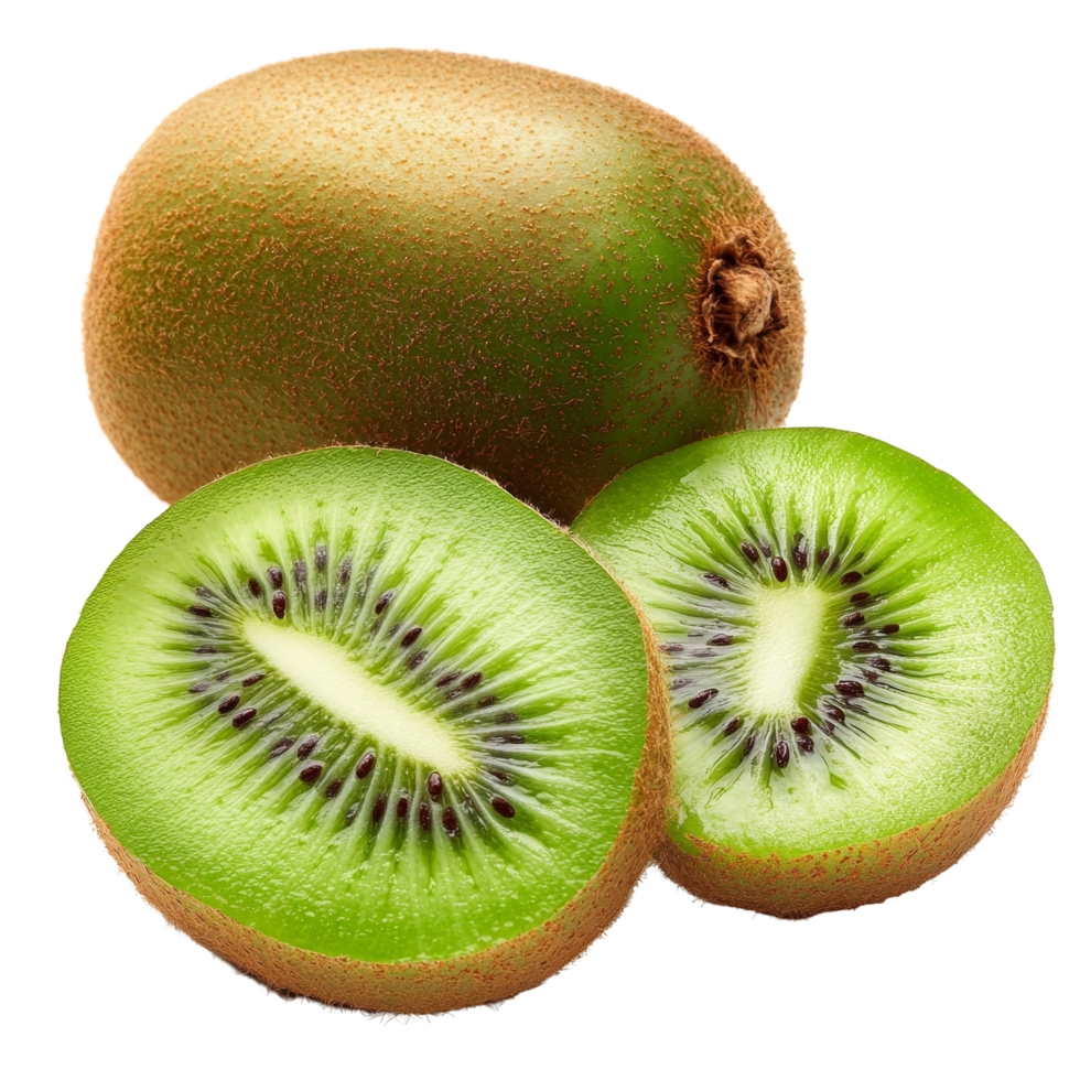 Fresh kiwi fruit and its vibrant green slices isolated on a transparent background for a refreshing culinary presentation, kiwi fruit and his sliced segments isolated on transparent background png