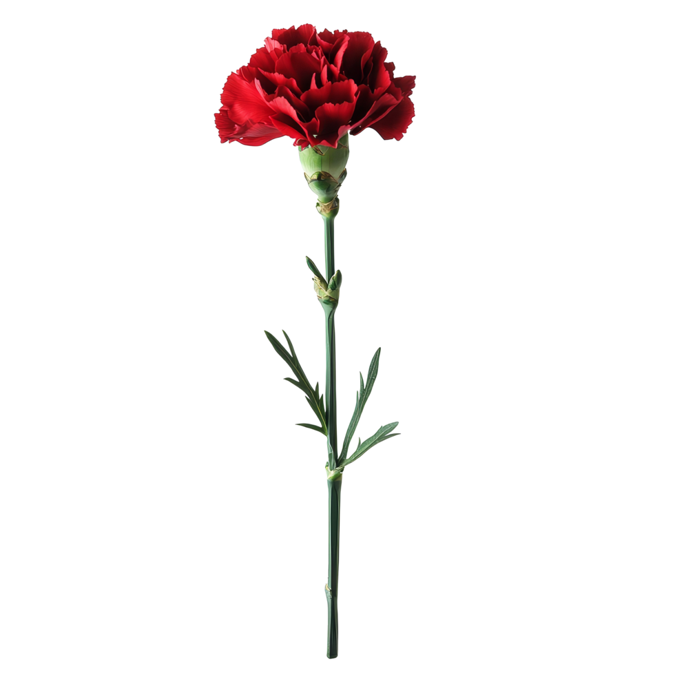 Single red carnation flower stem isolated on a transparent background for elegant floral arrangements and decorations, Carnation flower single stem isolated on transparent backgroud png
