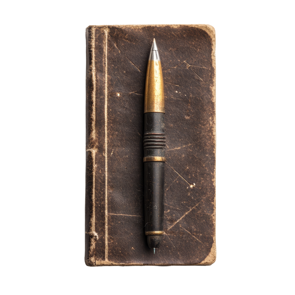 Antique leather notebook with a vintage ballpoint pen isolated on a transparent background, file of isolated object on transparent background png