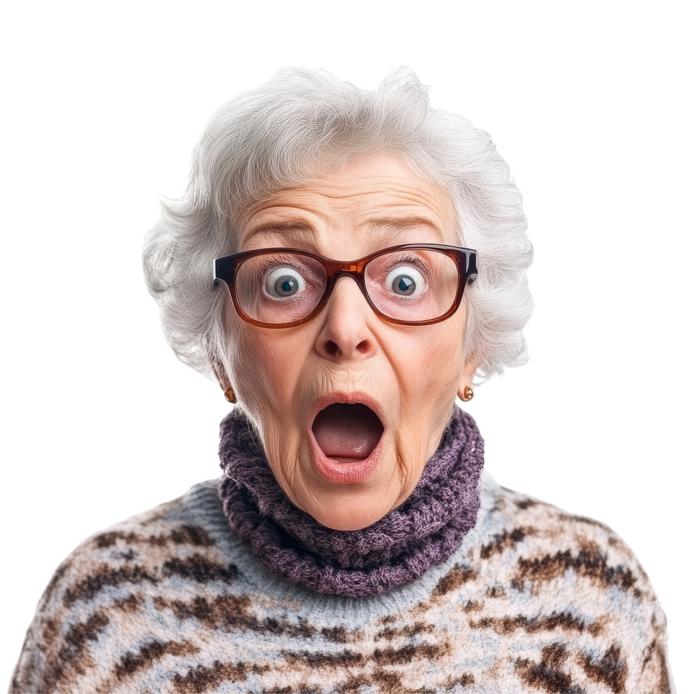 Surprised elderly woman expressing disbelief against a plain transparent background, Surprised granny on transparent background png