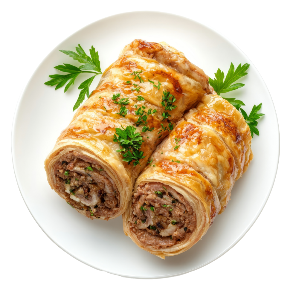 Delicious roulade filled with tender meat rolled in golden pastry served on a transparent plate with fresh herbs, roulade, dish of filled rolled meat or pastry top view isolated on transparent png