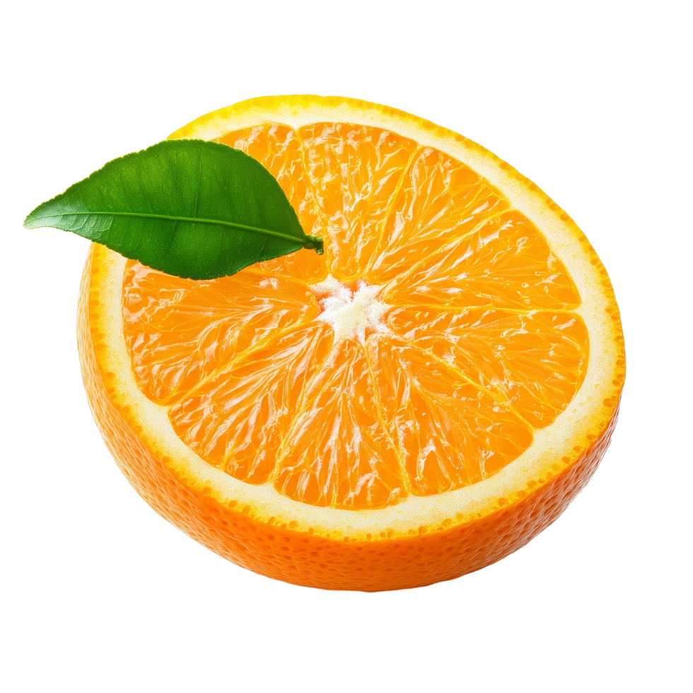 Ripe half of orange citrus fruit with a green leaf, showcasing its juicy texture and vibrant color, Ripe half of orange citrus fruit with leaf isolated on transparent background png