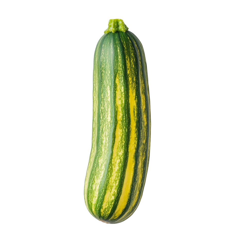 Striking striped cucumber resting on a smooth transparent background with vibrant green and yellow colors, striped cucumber on transparent background png