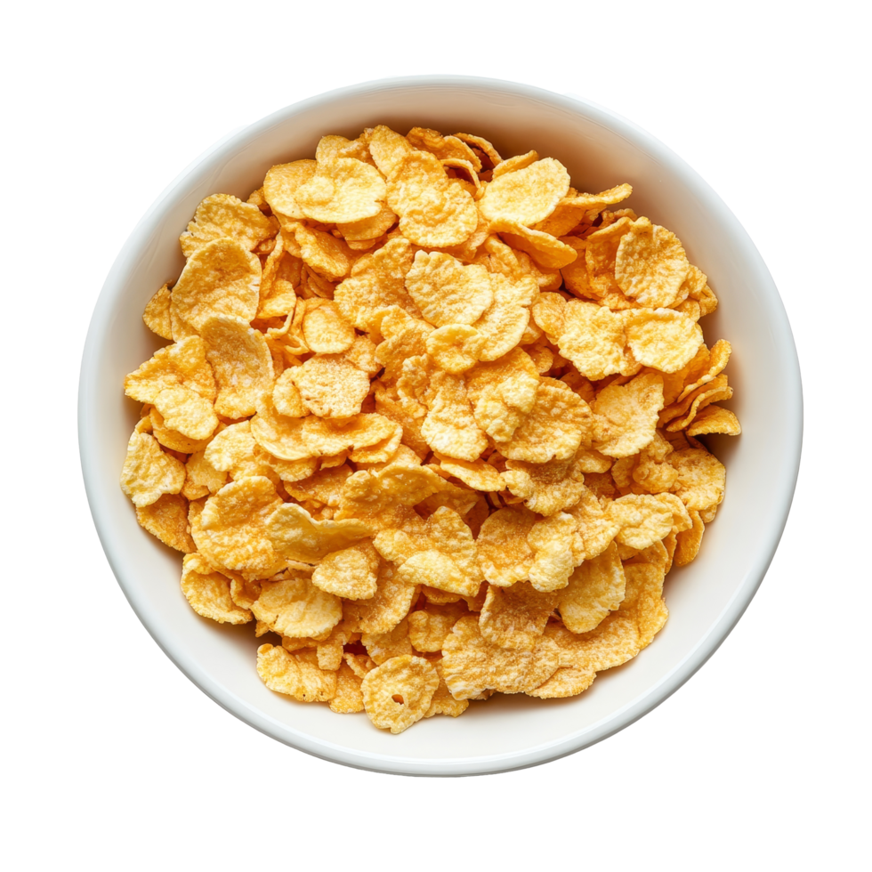 A bowl of corn flakes on a clean transparent background showcasing a simple breakfast option for a healthy start to the day, corn flakes in a bowl on transparent background png