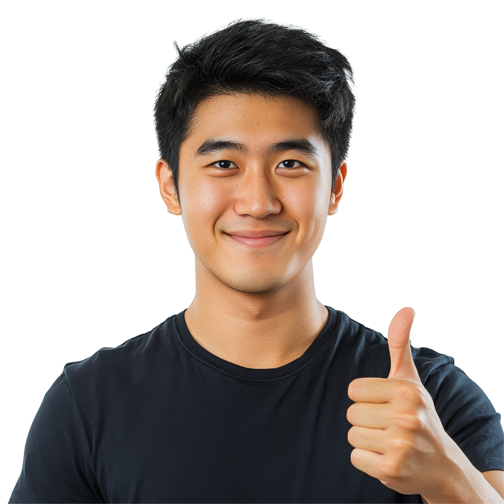 Happy young Asian man giving a thumbs up in a bright indoor setting with a cheerful expression on a sunny day, Happy handsome young Asian man showing thumb up isolated transparent background png