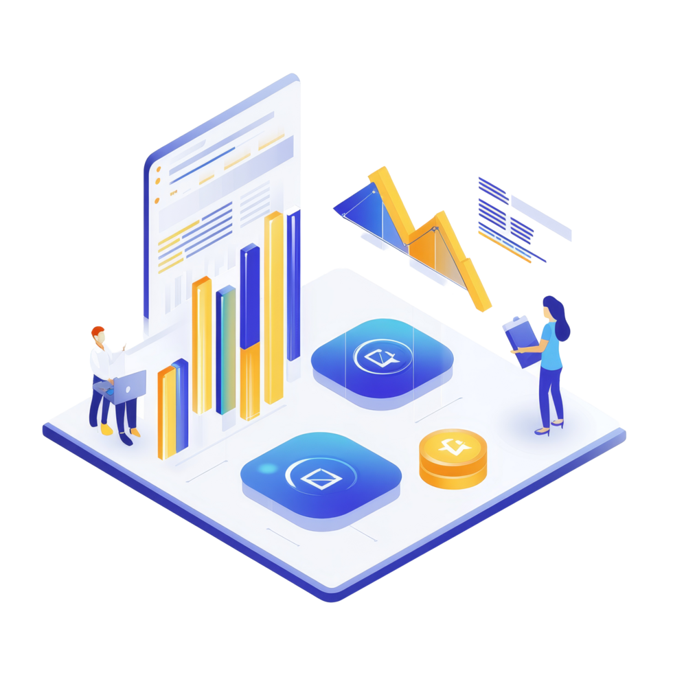 Isometric illustration of data analytics service showcasing trends, charts, and user interactions, Isometric concept of data analytics service transparent background png