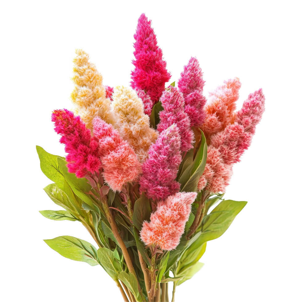 Vibrant bouquet of celosia flowers in shades of pink and yellow on a transparent background, Bouquet of celosia flowers, isolated on transparent background png