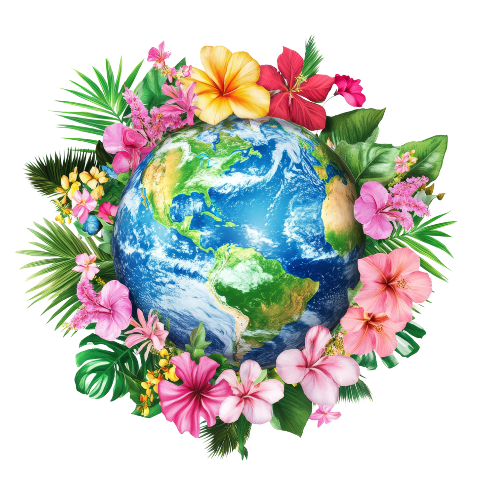 A vibrant earth globe surrounded by colorful tropical flowers and lush greenery on a transparent background, earth globe surround by tropical flowers transparent background png