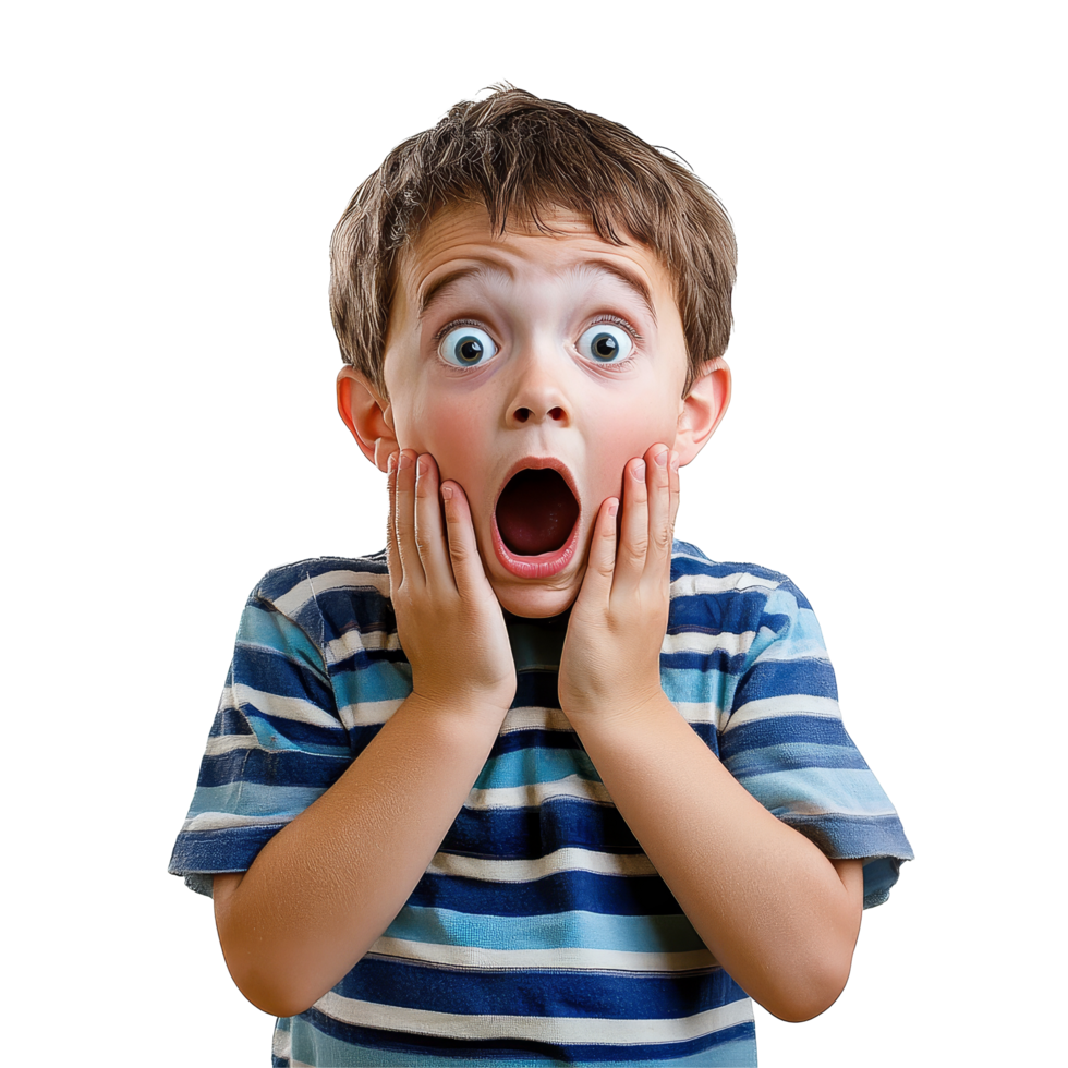 Surprised boy with wide eyes and a shocked expression reacting in a bright indoor setting, shocked kid boy surprised and scared, file of isolated object on transparent background png