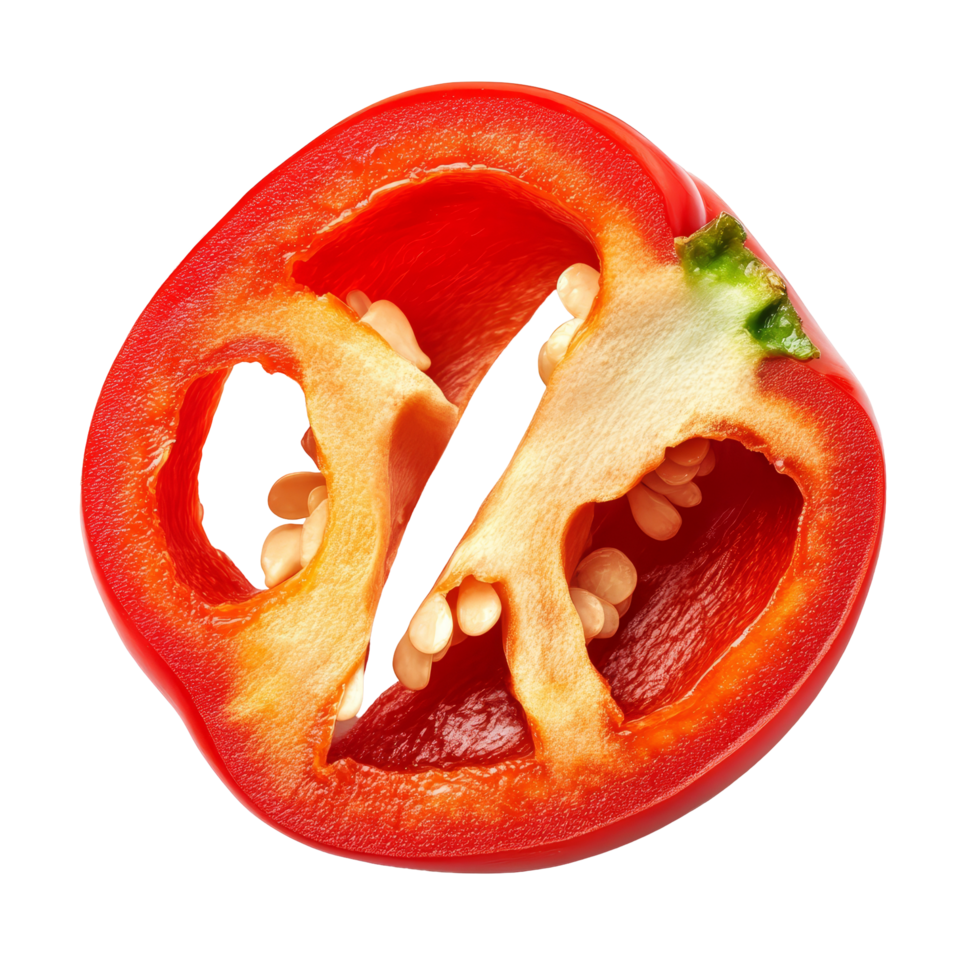 Freshly sliced red pepper showcasing its vibrant color and seeds on a clean transparent background, slice red pepper on transparent background png