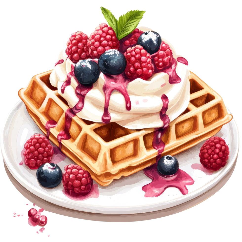 Delicious waffle topped with cream, berries, and raspberry sauce for a delightful dessert experience, Delicious waffle with cream, berry and raspberry on transparent background png