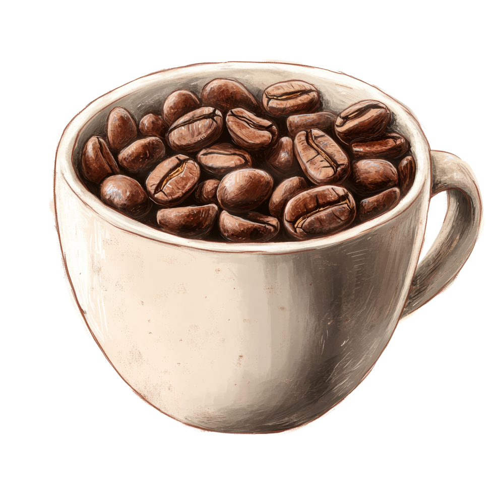 A cozy coffee cup filled with rich coffee beans against a serene transparent background, perfect for coffee lovers, Coffee beans in coffee cup png