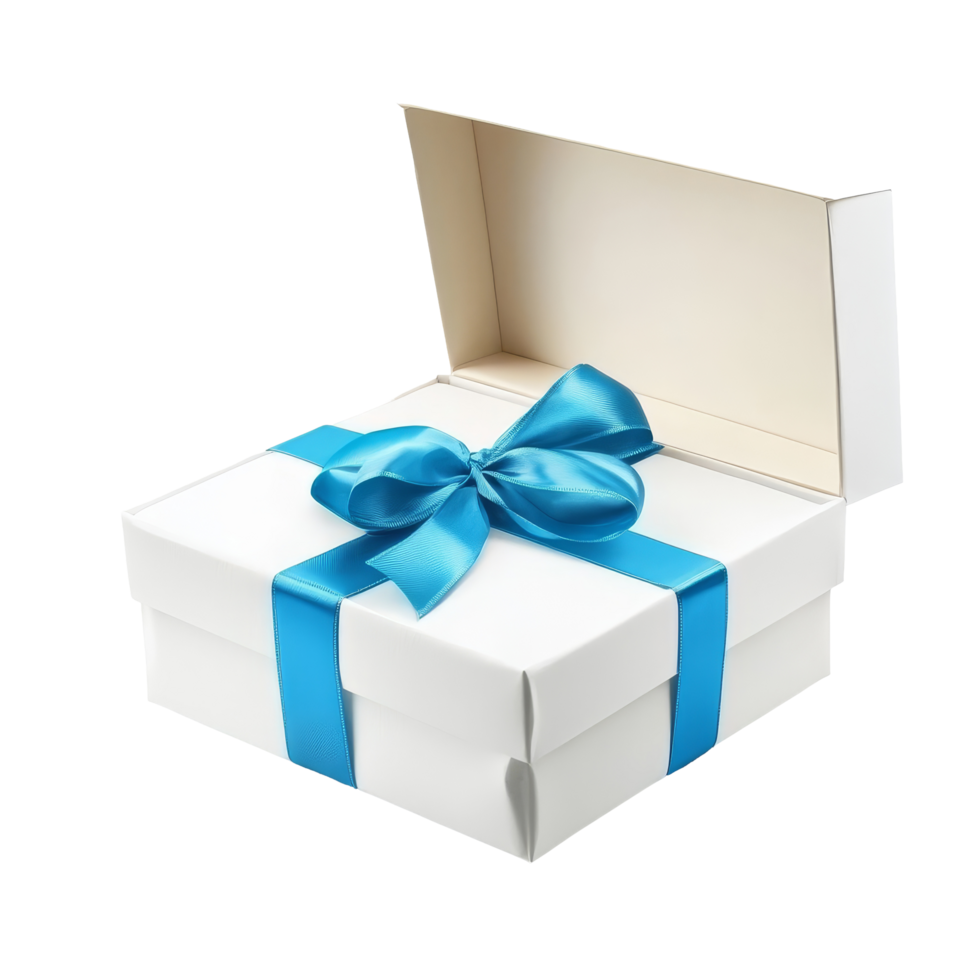 A beautifully wrapped transparent gift box with a blue ribbon placed on a plain background ready for any occasion, transparent open gift box or present with blue ribbon isolated on transparent png
