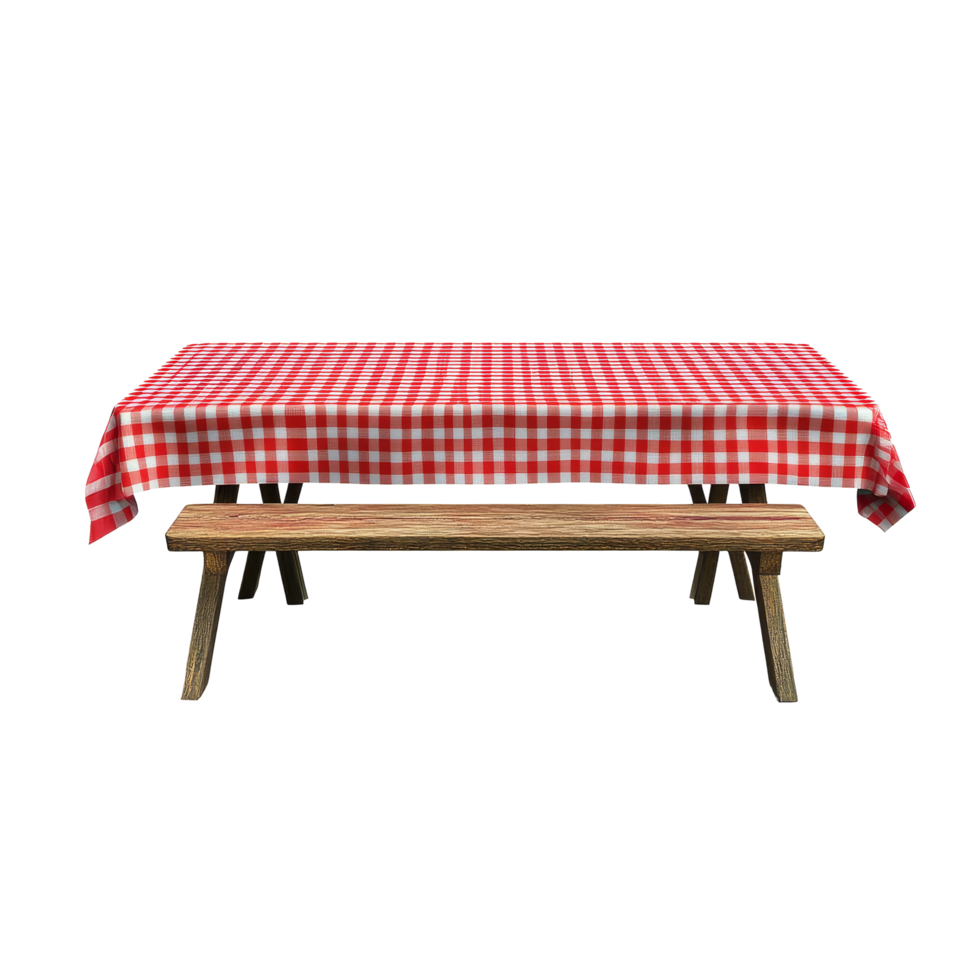 A picnic table adorned with a red checkered tablecloth, perfect for outdoor gatherings and family meals, Picnic Table with Red Checkered Tablecloth on transparent background png