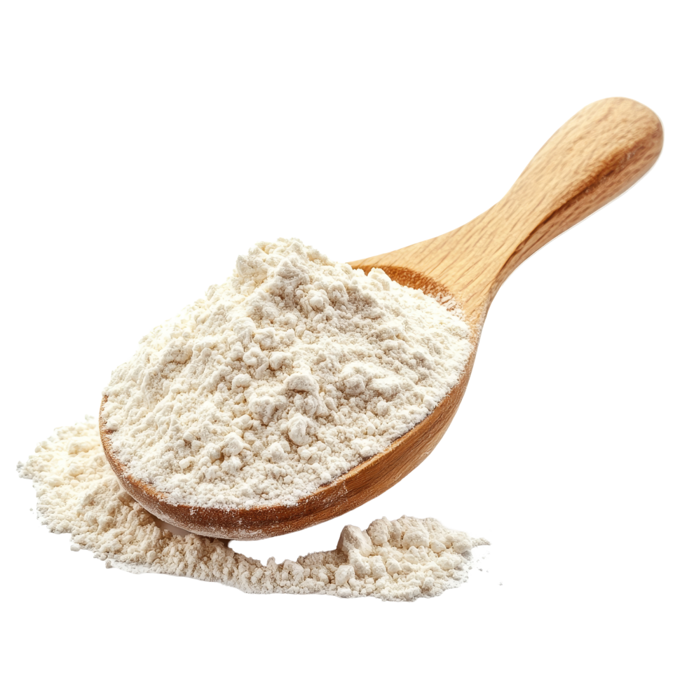 A wooden spoon filled with flour resting on a transparent background ready for baking or cooking preparations, Pile of flour in wood spoon isolated on transparent background png