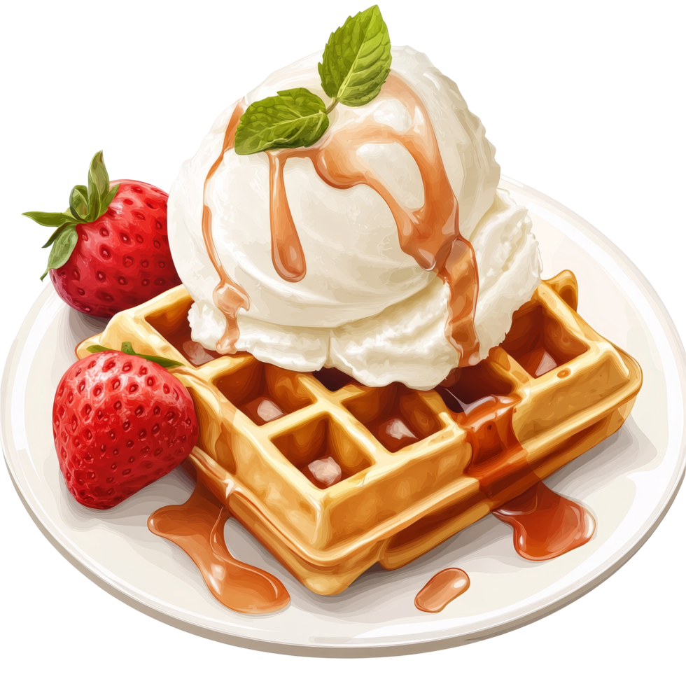 Delicious waffles topped with creamy ice cream and fresh strawberries on a plate ready to enjoy dessert, portion of waffles with ice cream png