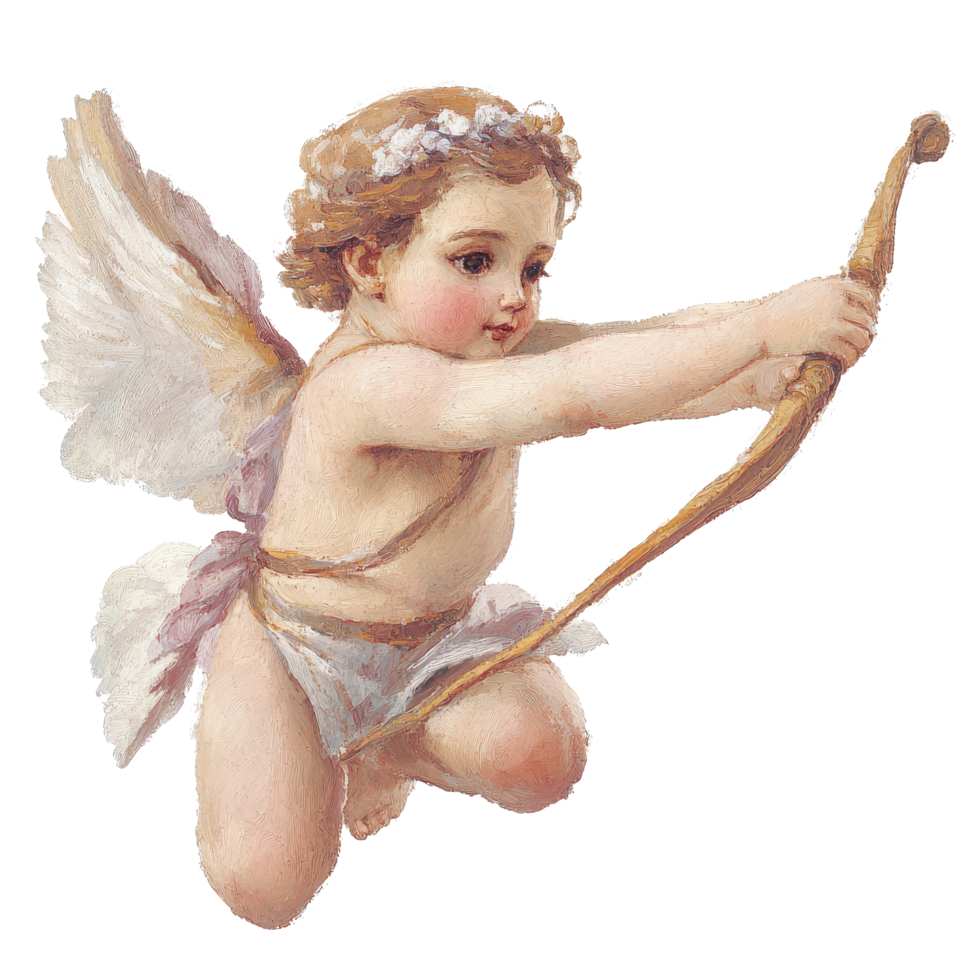 A classic illustration of Cupid, the playful cherub, captured with a pastel oil paint effect, aiming his bow, Classic Cupid Illustration Pastel Oil Paint Effect, isolated on transparent background png