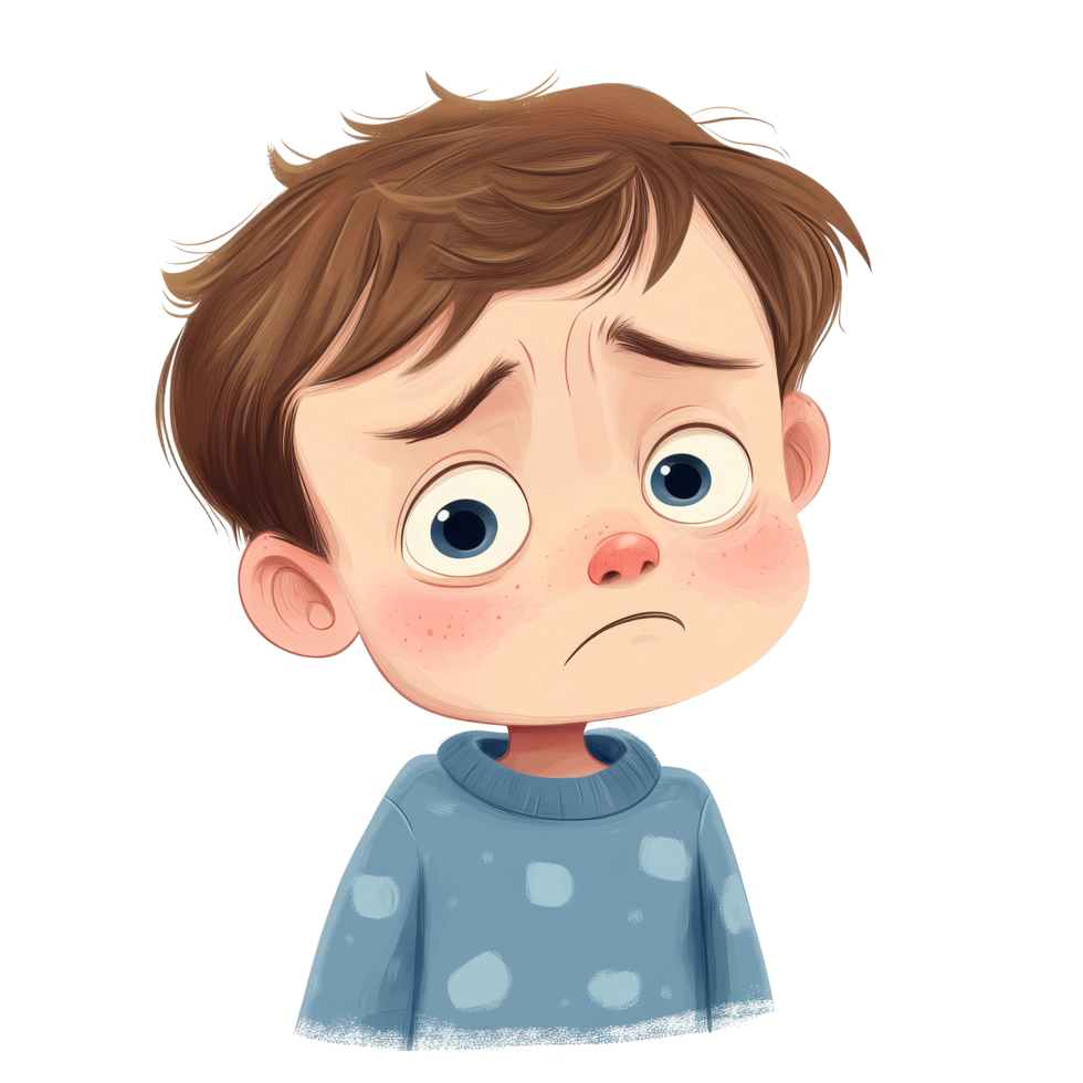 A sad young boy with a worried expression feeling unwell while wearing a cozy sweater in a quiet room, sad kid boy in a bad mood or sick and has problems, file of isolated object on transparent png