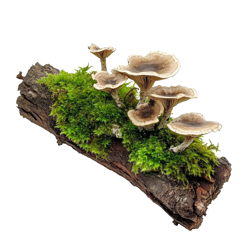 Mosscovered rotten branch with mushrooms thriving in a natural setting, Green moss on rotten branch with mushroom template, isolated transparent background png