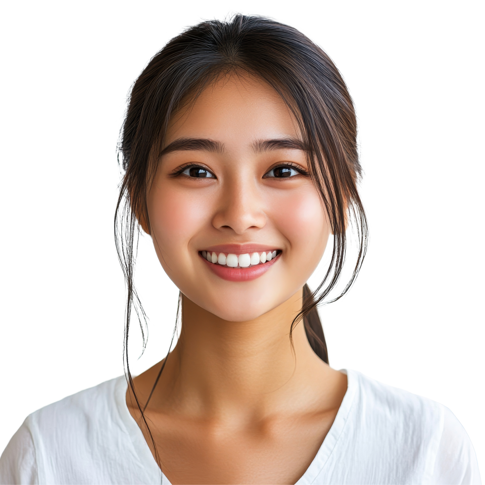A joyful young Asian girl smiles warmly at the camera, capturing the essence of happiness and youth, Happy beautiful Asian girl looking at camera and smiling isolated on transparent background png