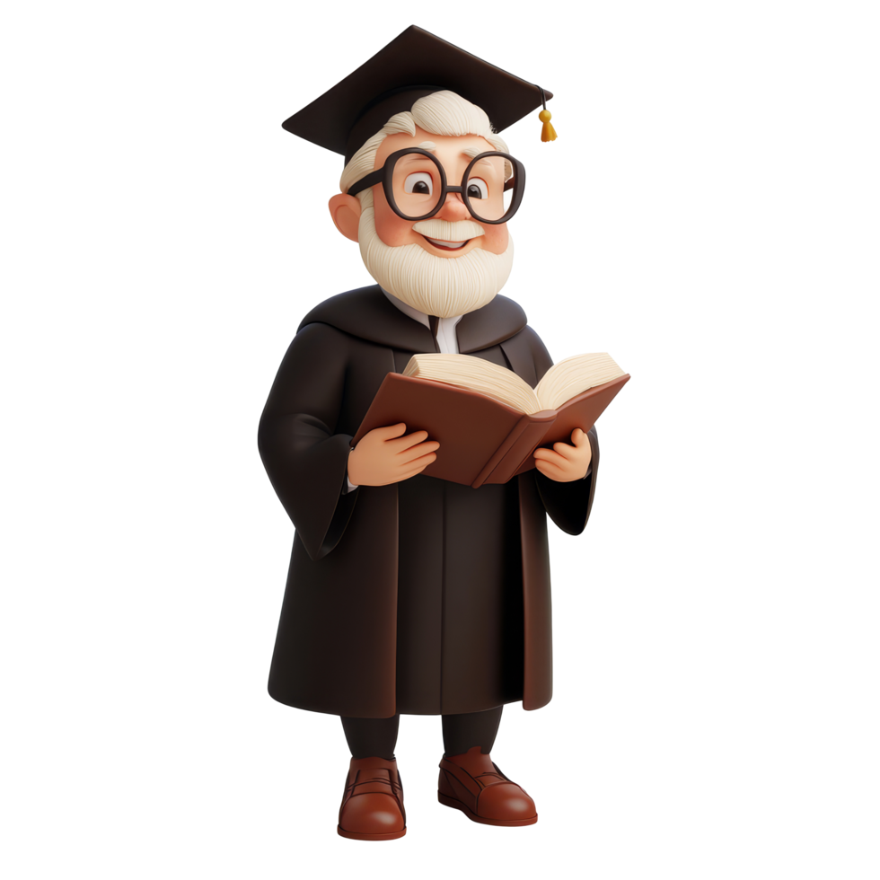 A scholarly character wearing a cap and gown, holding a book in front of a transparent background, 3D Scholar Character on transparent background png