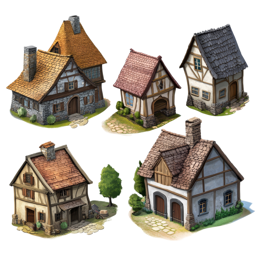 Charming RPGstyle village buildings featuring diverse architectural designs on a clean transparent background, Village buildings 2d rpg style view on transparent background png