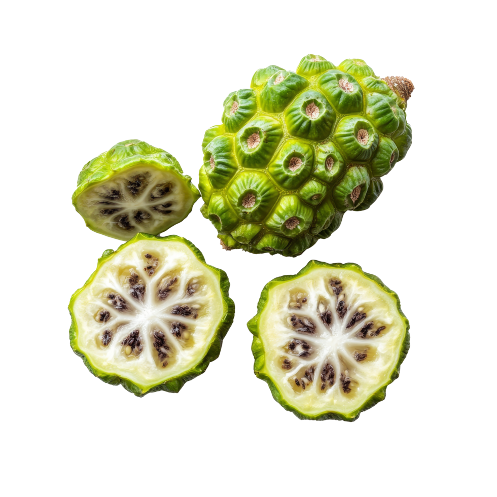 Fresh noni fruit and sliced segments displayed on a transparent background, showcasing their unique texture and color, Noni or Morinda Citrifolia fruits with sliced on transparent background png