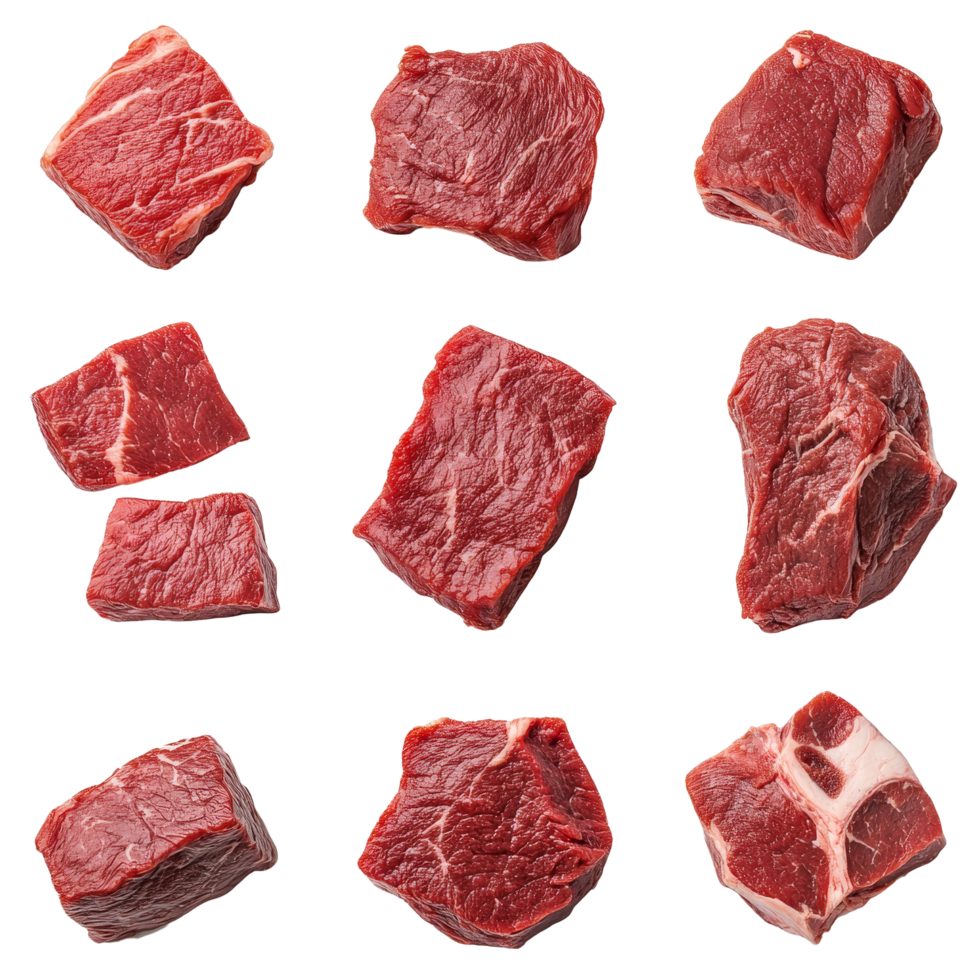 Collage of isolated raw beef cuts arranged neatly against a transparent background, showcasing various shapes and sizes, Collage of isolated raw beef meat pieces png