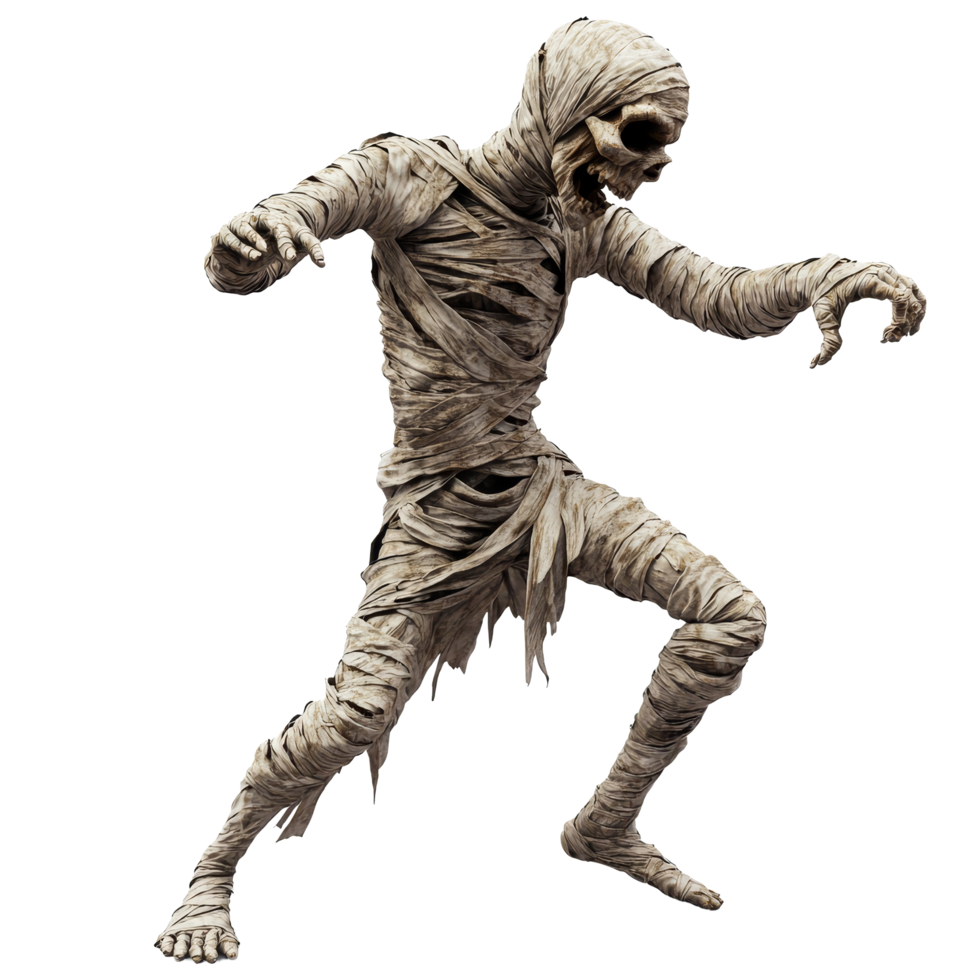 A spooky mummy dances energetically, showcasing its eerie presence in a creative and imaginative portrayal, scary mummy dancing, file of isolated object with shadow on transparent background png