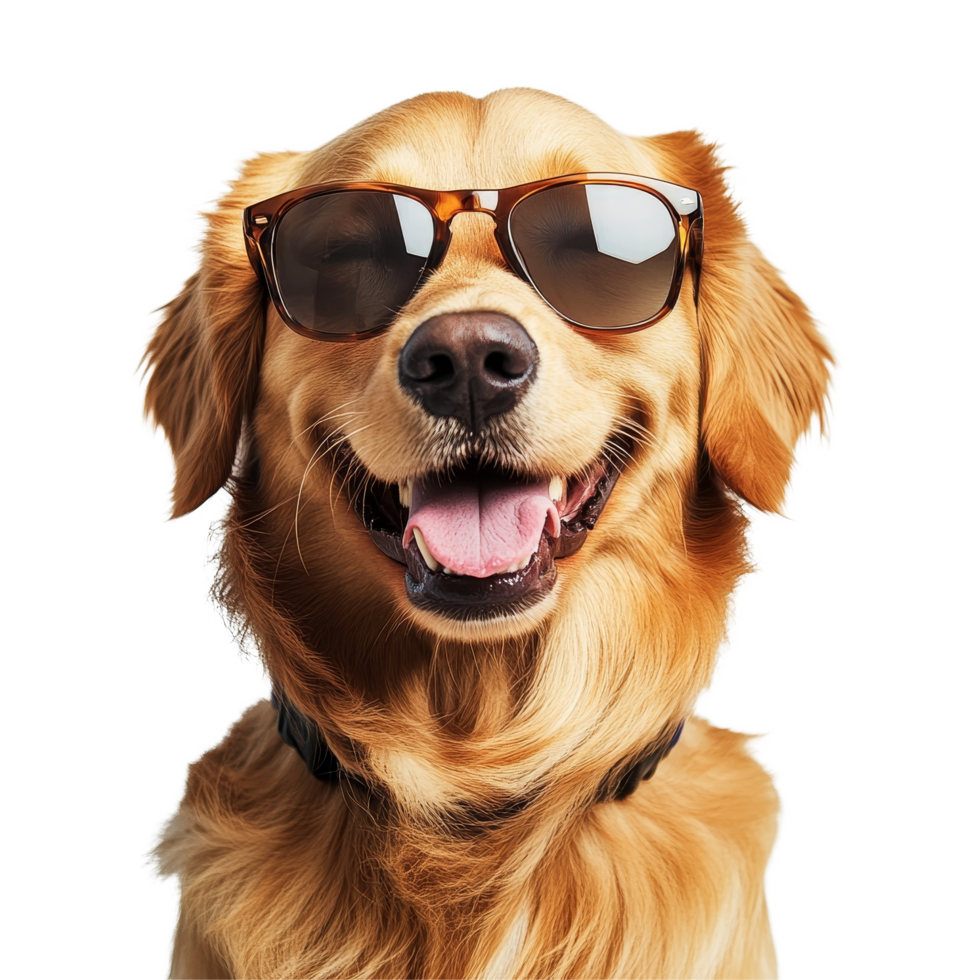 Happy golden retriever dog wearing stylish sunglasses in bright indoor setting during a cheerful day, Happy Golden Retriever Dog Wearing Sunglasses on transparent background png