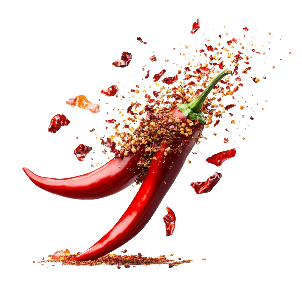 Chili flakes explode from vibrant red chili peppers set against a transparent background in an artistic culinary display, Chili flakes bursting out from red chili pepper over transparent background png