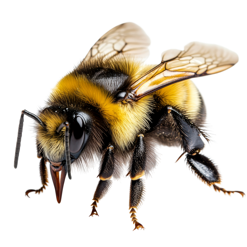 Macro shot of a bee with detailed features isolated on a transparent background, showcasing its fine hairs and wings, macro shot of a bee isolated on transparent background png
