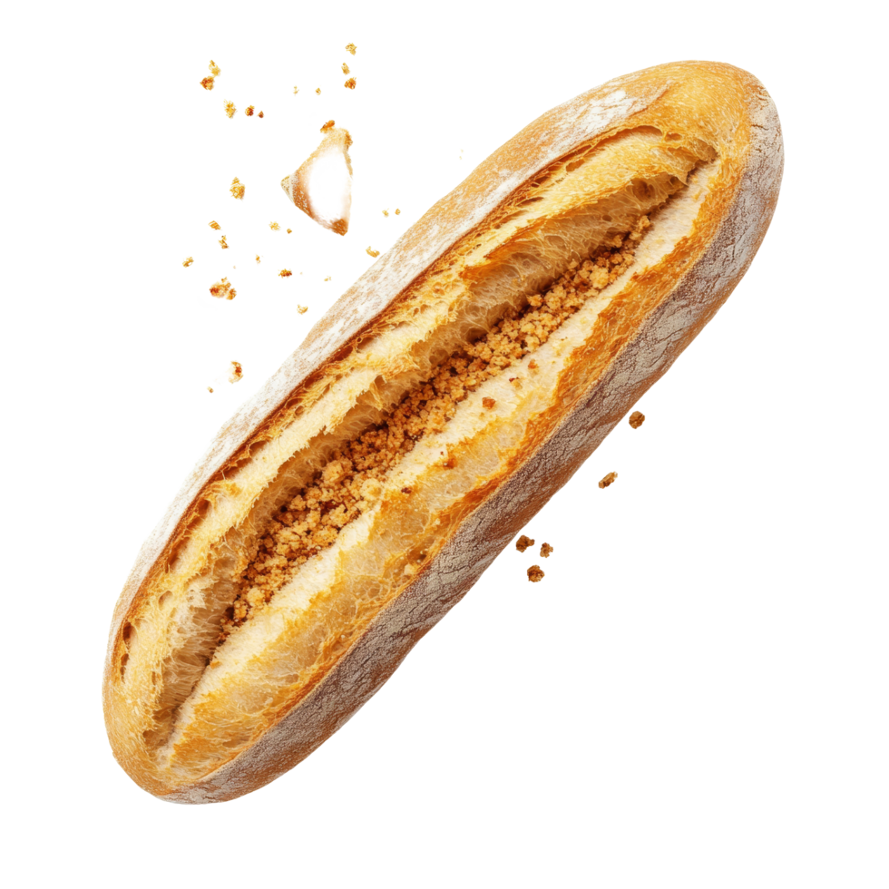 Freshly baked baguette with crumbs isolated against a transparent background, showcasing its crusty texture and soft interior, Fresh Baguette with Crumbs isolated on transparent background png