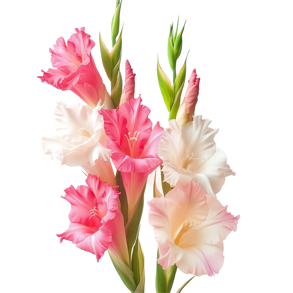 A colorful bouquet of gladiolus flowers presented against a clean transparent background, Bouquet of gladiolus flowers, isolated on transparent background png