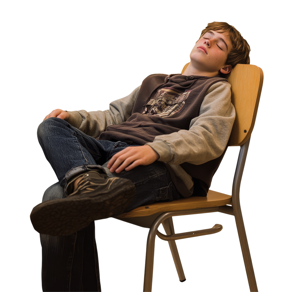 Young teenager peacefully sleeping on a chair during a quiet afternoon in a relaxed environment, Young teenager sitting on a chair and sleeping file no background png