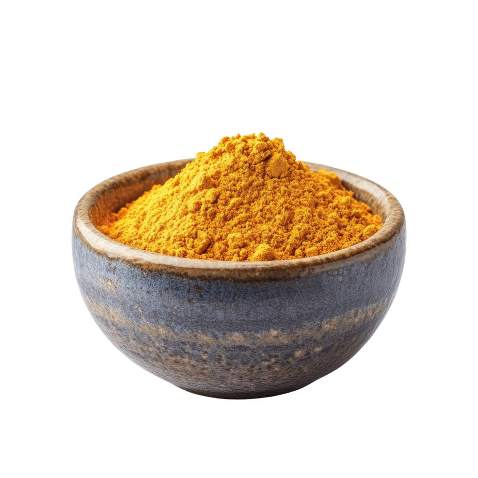 Turmeric powder displayed in a ceramic bowl on a clean transparent background, Turmeric powder in ceramic bowl isolated on transparent background png