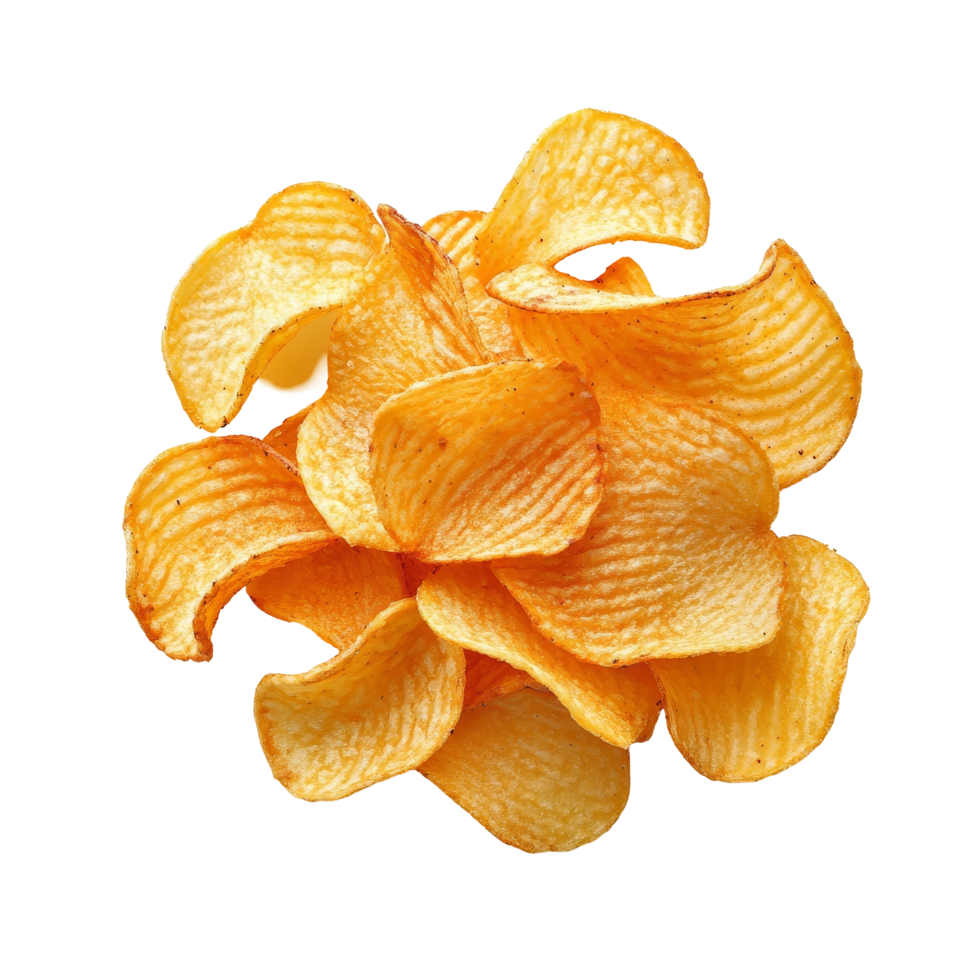 Crispy potato chips scattered on a transparent background, perfect for snacking at any time of day, Potato chips isolated png