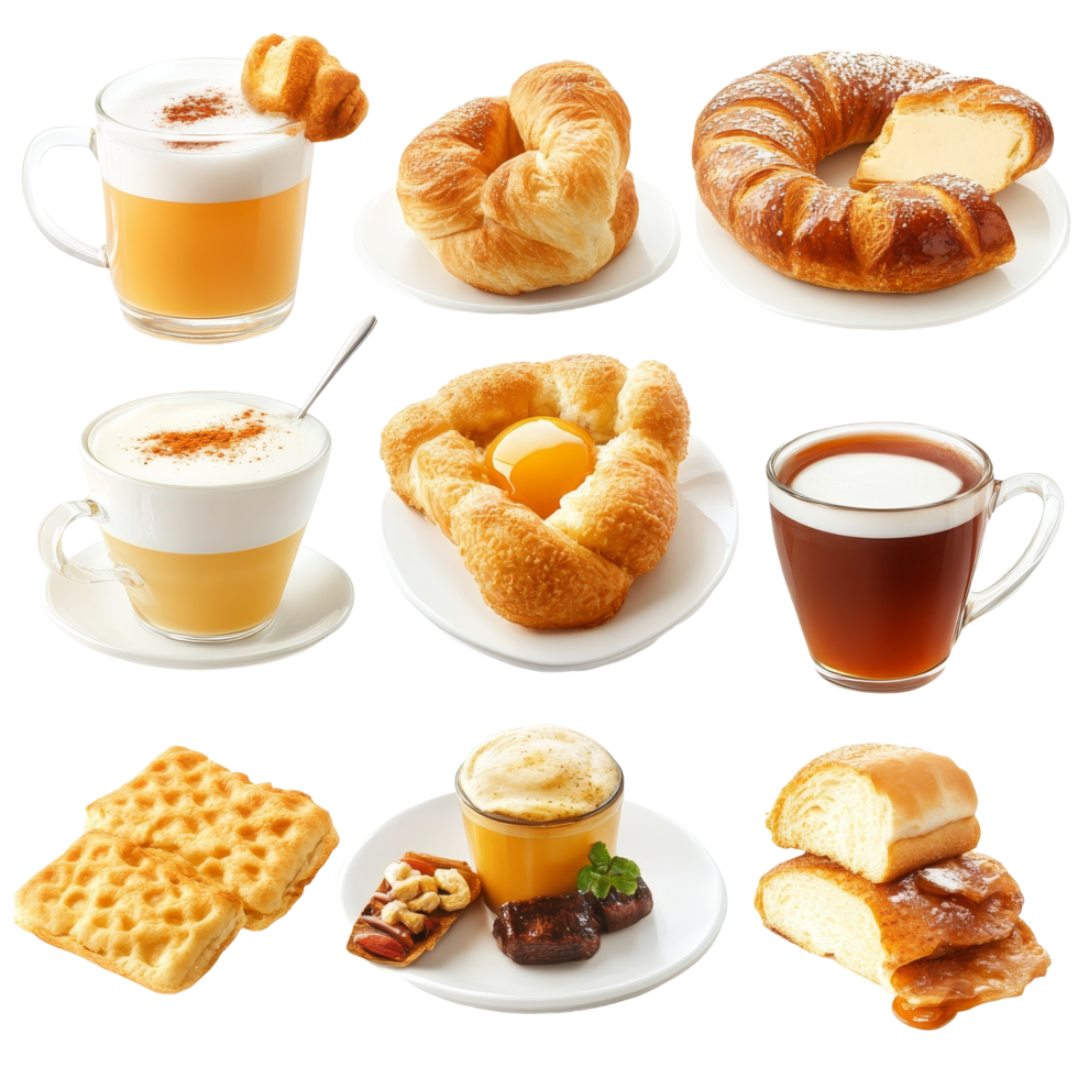 Delicious breakfast spread with pastries, coffee, and fresh juices on a transparent background, Breakfast food and drinks isolated on transparent background png