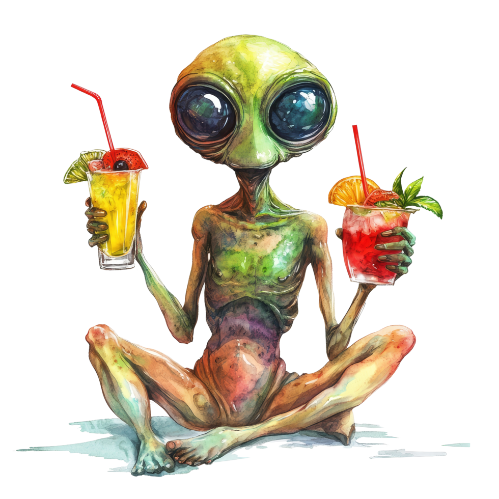 A green extraterrestrial being enjoys tropical drinks under the sun on a warm summer day, Summer Vibe Extraterrestrial Being with Tropical Drinks On transparent background png