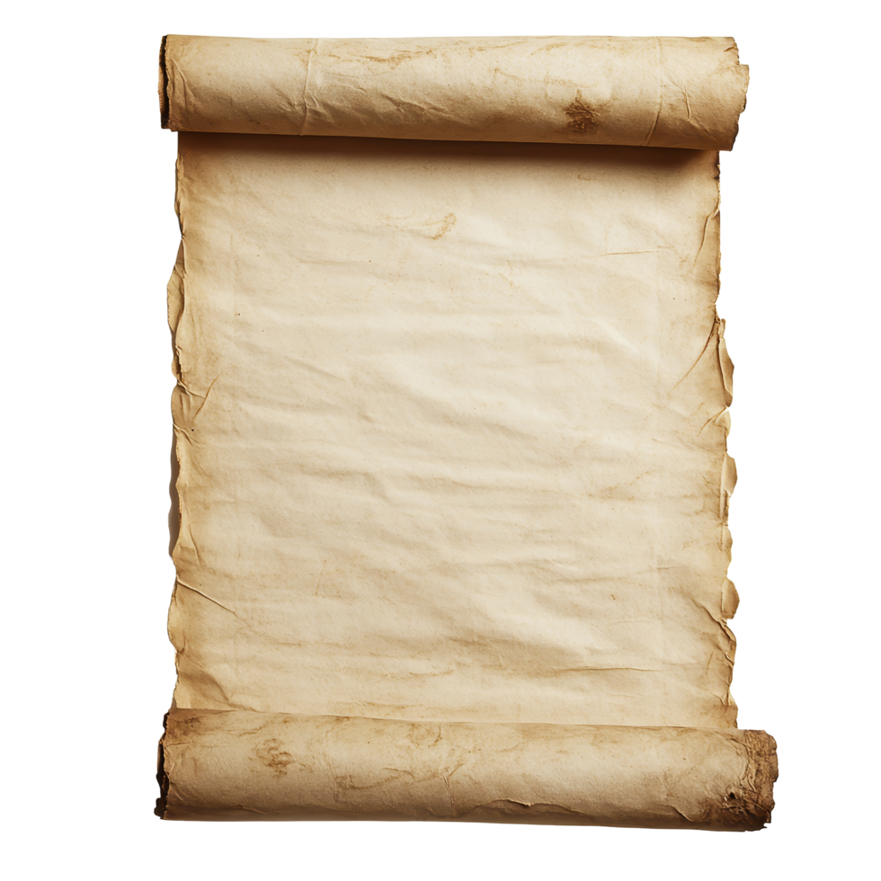 A vintage parchment scroll with an empty surface, perfect for calligraphy or artistic creations, Vintage old parchment paper scroll full sheet transparent background. Parchment paper scroll png