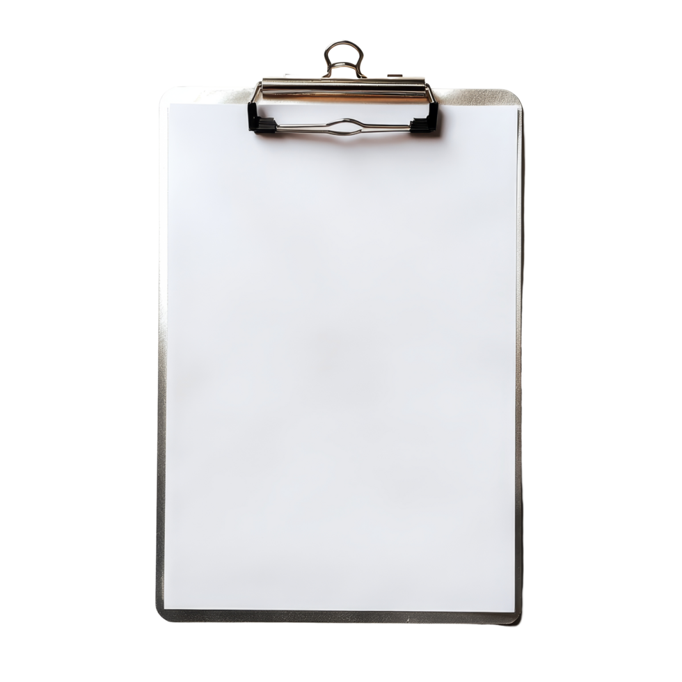 A silver clipboard with a top clip holding plain transparent paper, ideal for notes and documentation in an office setting, Brown clipboard with clip at the top for papers png