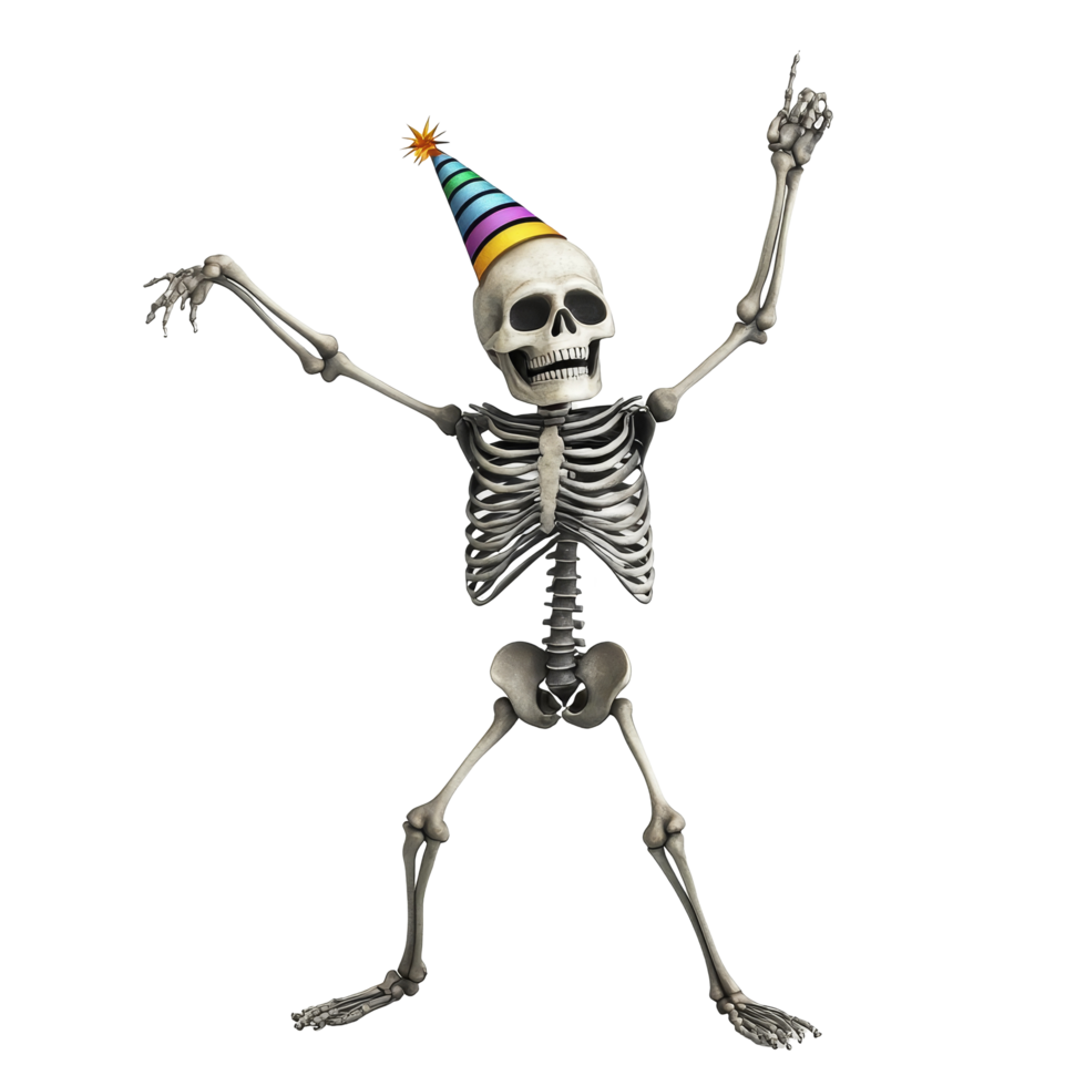 Skeleton celebrating New Years with a party hat in a festive December atmosphere, 31 December Skeleton celebration New Years Calendar On transparent background png