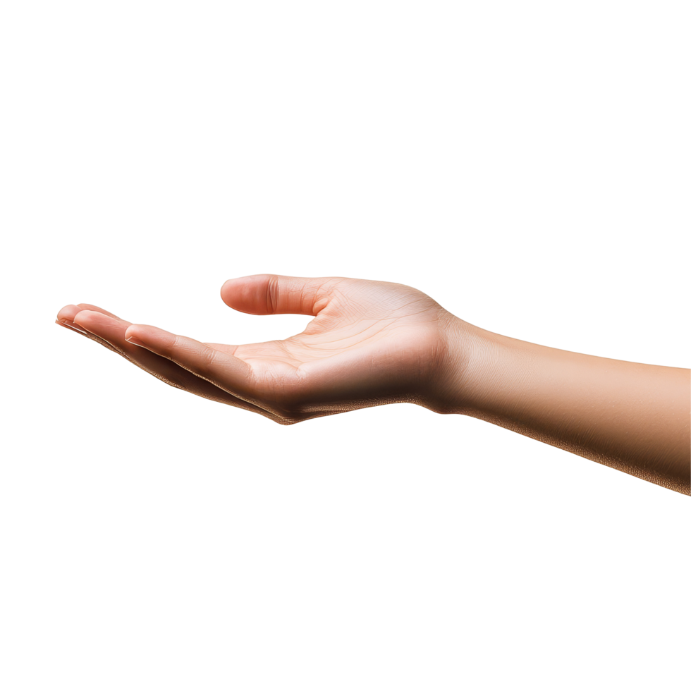 Young female hand holding an object, isolated on a transparent background in a welllit environment, young female flat hand holding somethingisolated on transparent background png