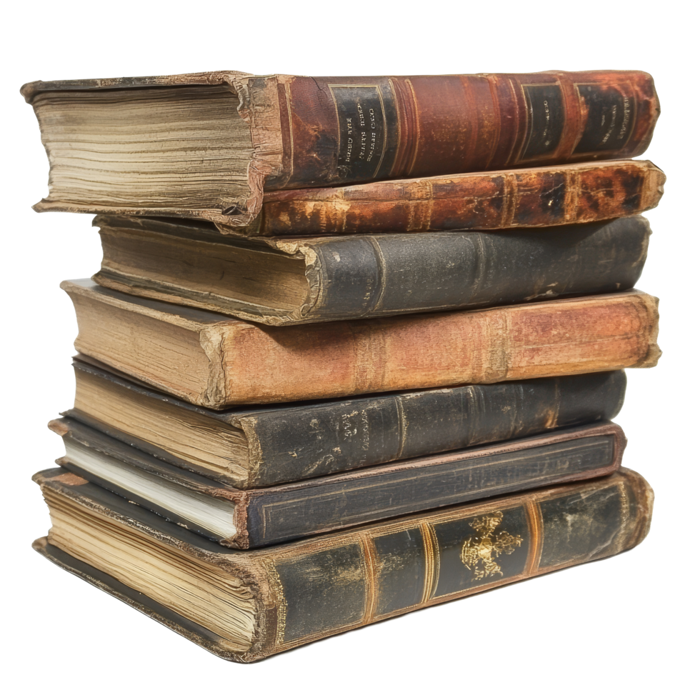 Historical stack of old books showcasing worn covers and aged pages on a transparent background, stack of old historical books isolated on transparent background png